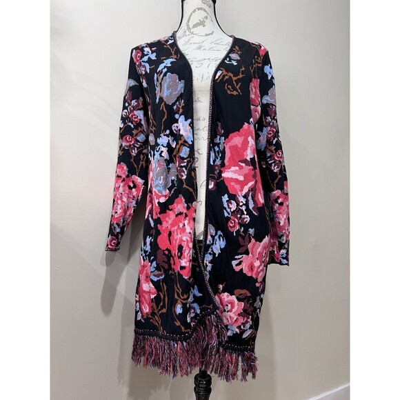 INC Concepts Sz L Floral Embroidered Fringe Open Front Robe Cardigan Boho - Picture 1 of 8